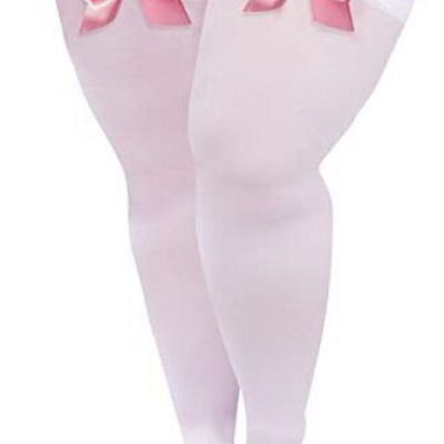 Women Plus Size Bow Thigh Highs Stockings Opaque Over the One Size Plus White